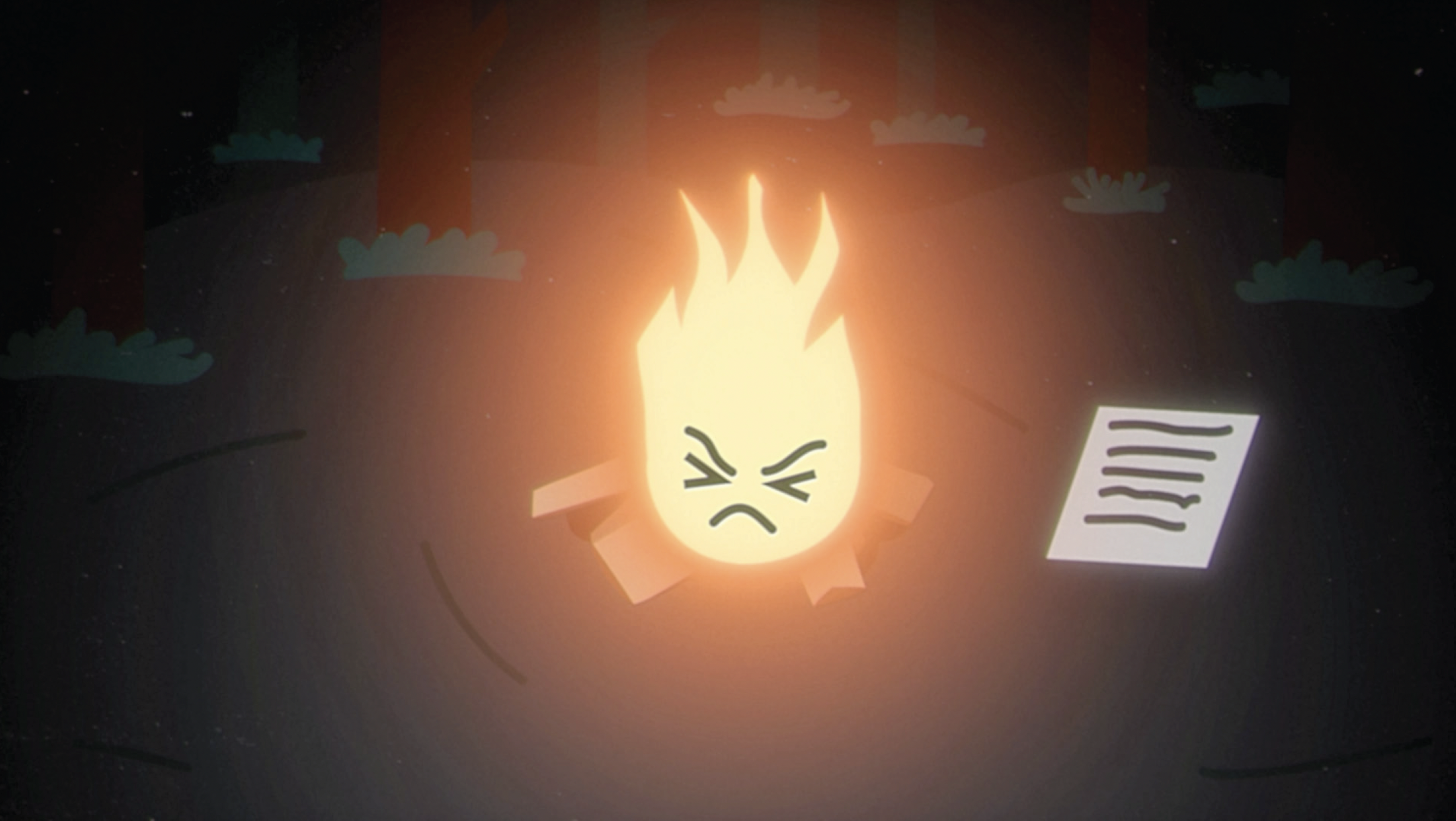freeze frame of the lit fire with post-processing
